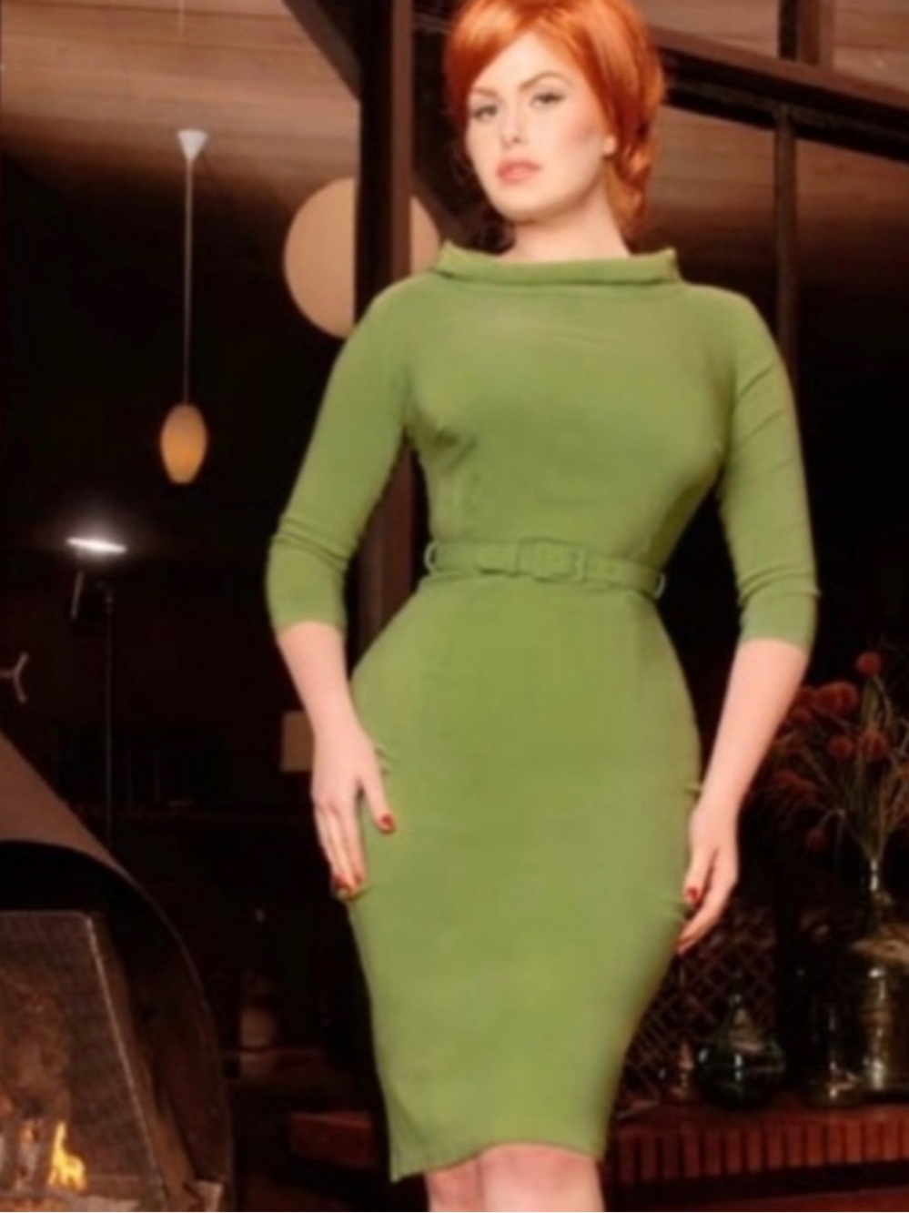 Pinup Couture Joanie Wiggle Pencil Dress in Olive Green - Size Medium
